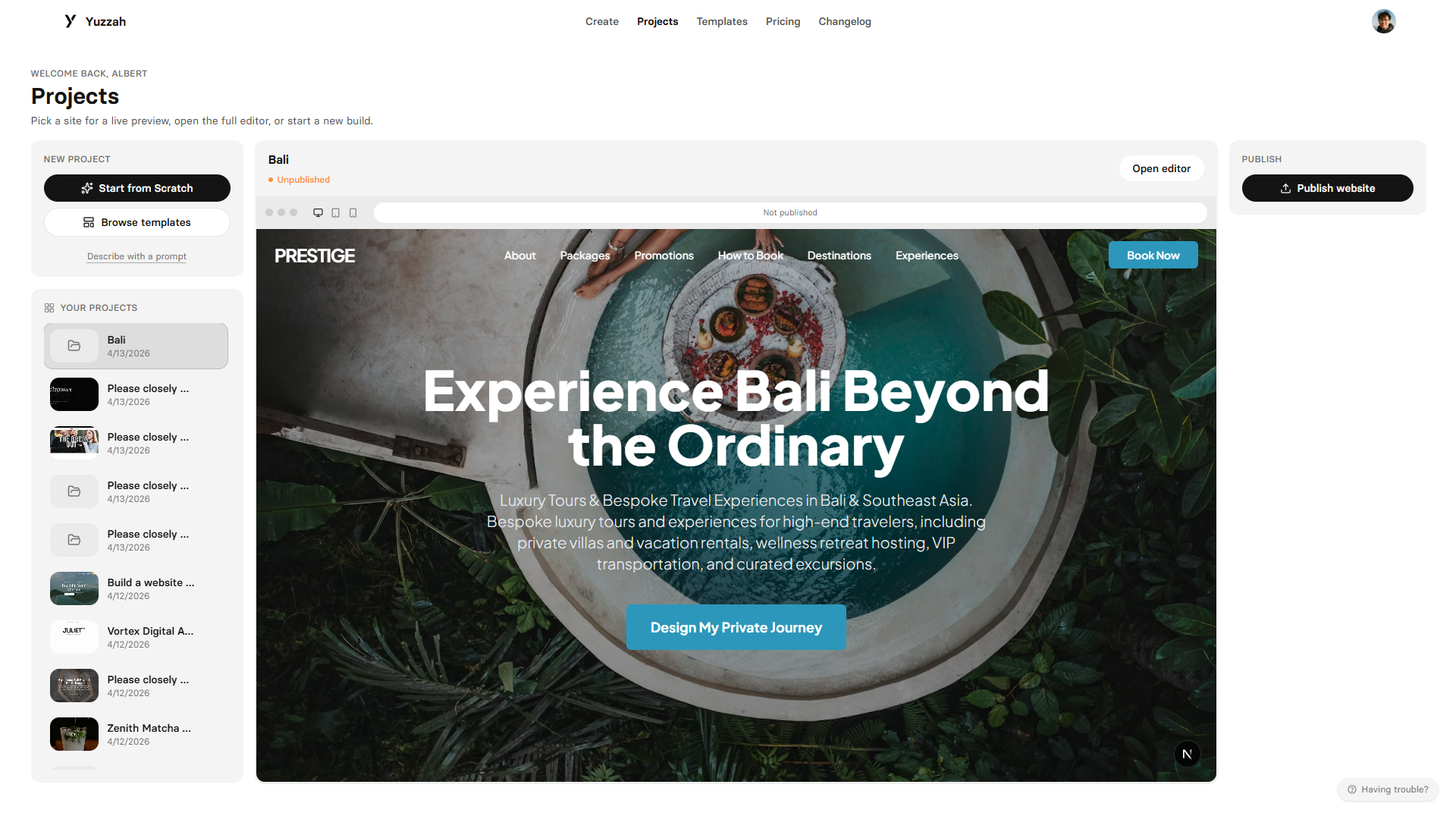 Projects hub with live preview and one-click publish